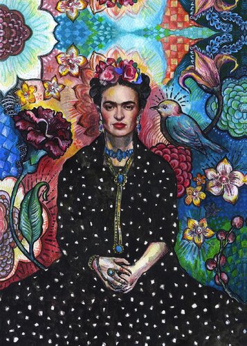 Frida with bird and  Flowers van Fanitsa Petrou, Schilderij te koop op Singulart