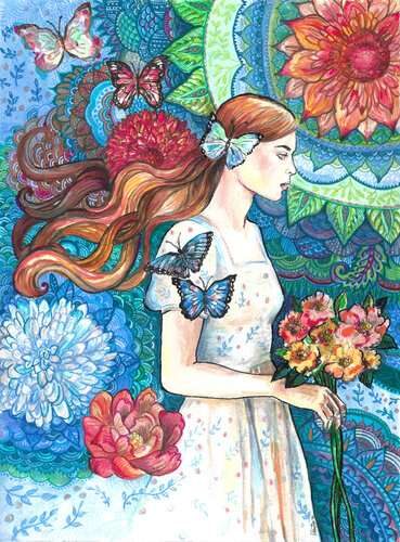 Woman with Flowers and Butterflies van Fanitsa Petrou, Schilderij te koop op Singulart