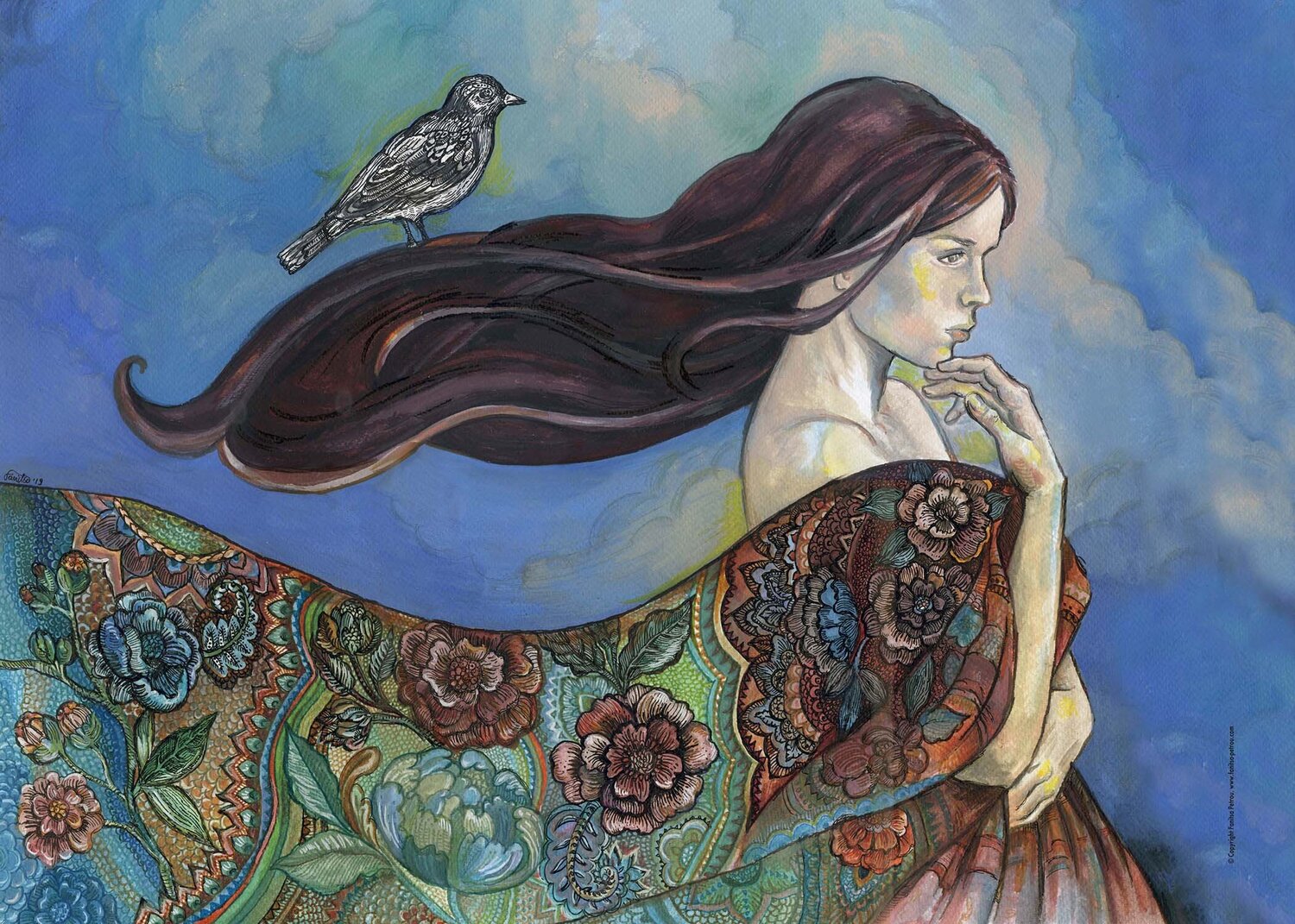 A Bird on Her Hair - Surreal Fanitsa Petrou Dipinto originale in vendita
