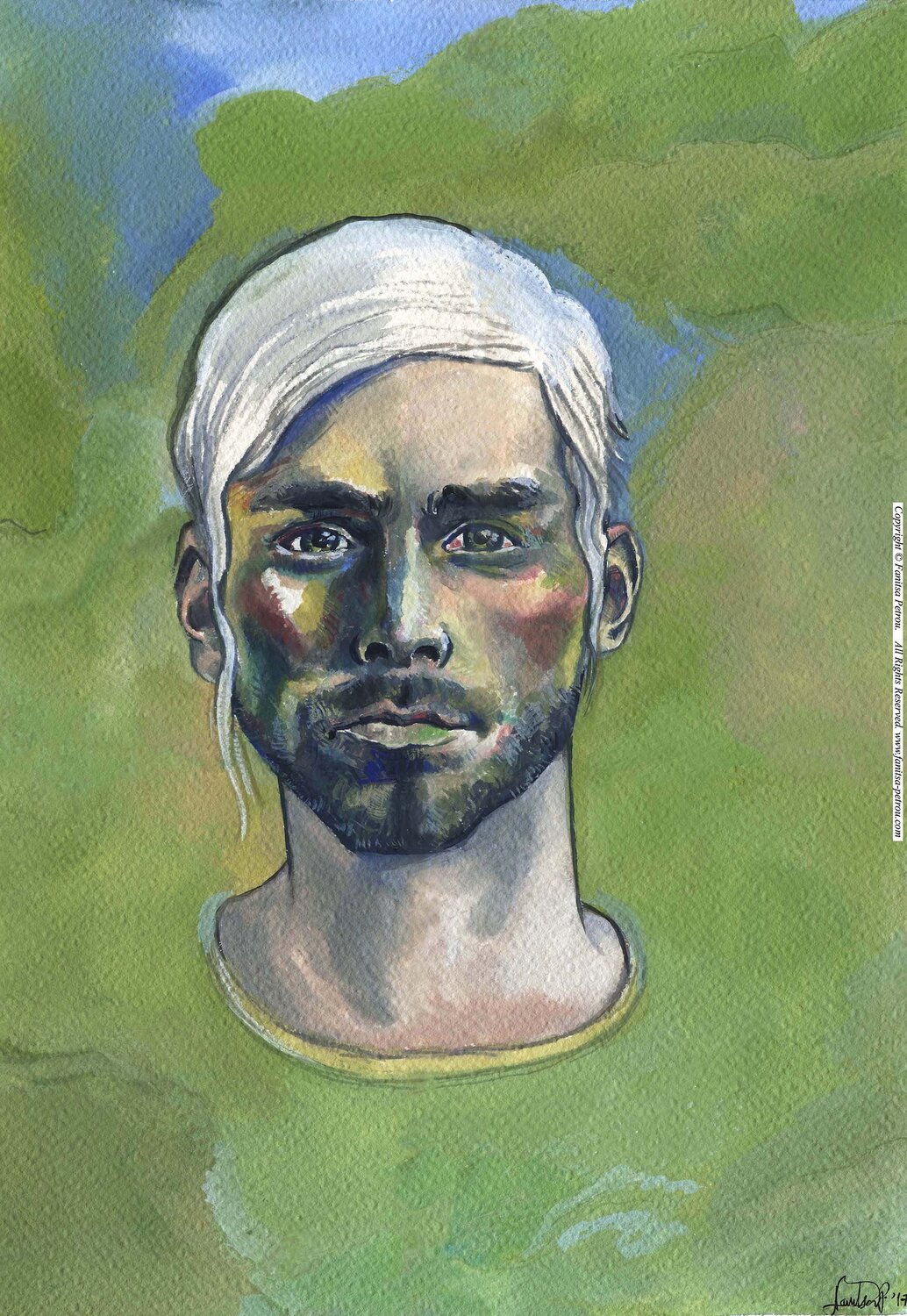 Portrait of a Man On Green Fanitsa Petrou Dipinto originale in vendita
