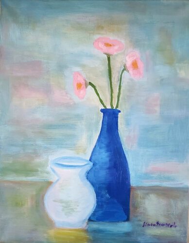 Pink flowers in the blue bottle di Miriam Brussato, Pittura in vendita su Singulart