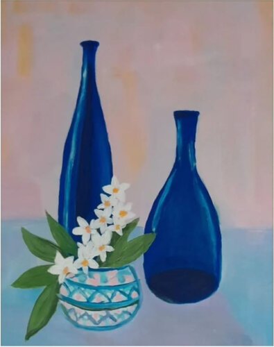 Orchid with blue bottles van Miriam Brussato, Schilderij te koop op Singulart
