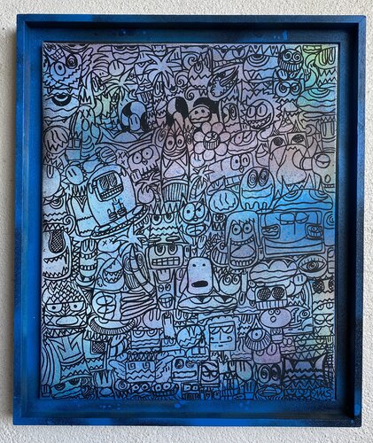 Vive les palmiers en noir et bleu et les fleurs van SEB PAUL MICHEL, Schilderij te koop op Singulart