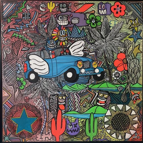 Vive les fleurs en voiture volante di SEB PAUL MICHEL, Pittura in vendita su Singulart