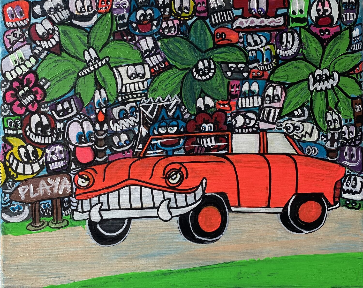 Vive les fleurs et les chats en voiture SEB PAUL MICHEL Originalgemälde zu verkaufen