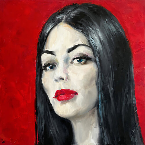 Woman in red background with red lipstick by Leah Larisa Bunshaft, Painting for Sale on Singulart