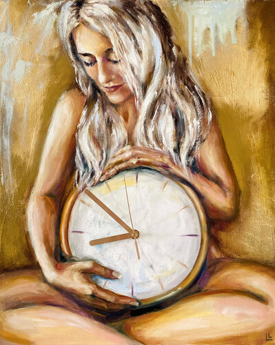 Expectations, woman with clock di Leah Larisa Bunshaft, Pittura in vendita su Singulart