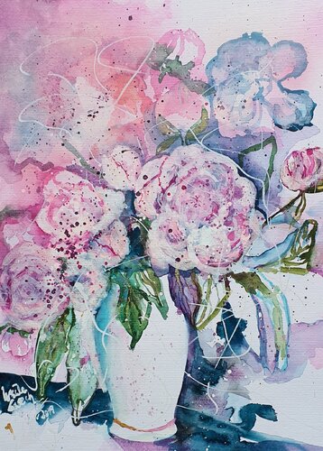 Lovestory with peonies van Ursula Gnech, Schilderij te koop op Singulart