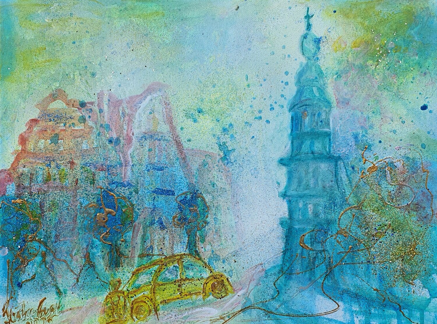 Golden City with the  yellow Rolls-Royce Ursula Gnech Originalgemälde zu verkaufen