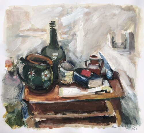 Stillleben mit grüner Flasche by Hans Müller-Gutscher, 회화 for Sale on Singulart