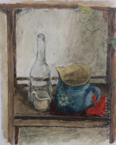 Stillleben mit blauem Krug(Chiffon) di Hans Müller-Gutscher, Pittura in vendita su Singulart