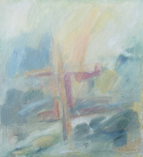Das Kreuz in der Flusslandschaft Öl-Chiffon di Hans Müller-Gutscher, Pittura in vendita su Singulart