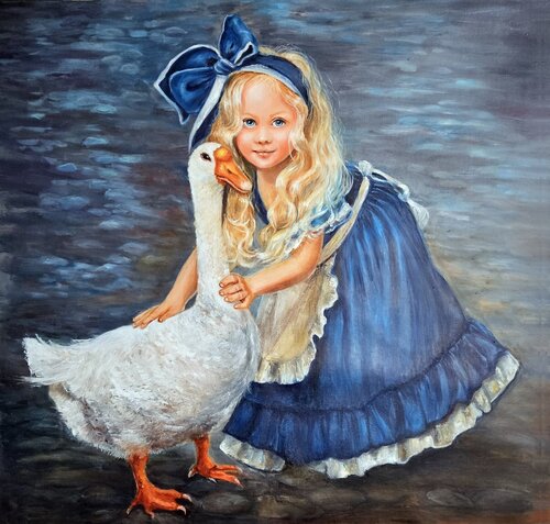 Child with goose by Olga Begisheva K., Painting for Sale on Singulart