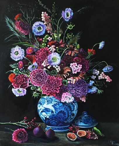 Flower bouquet in a blue vase von Olga Begisheva K., Malerei kaufen auf Singulart