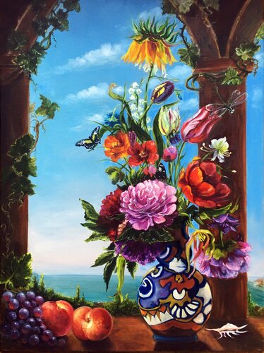 Still life with butterfly and dragonfly or Flowers in a ceramic vase de Olga Begisheva K., Pintura a la venta en Singulart