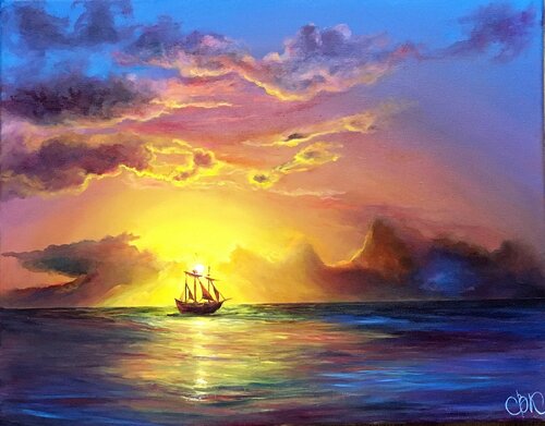Sunset with a Ship van Olga Begisheva K., Schilderij te koop op Singulart