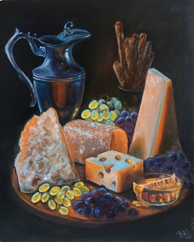 Still life with cheese di Olga Begisheva K., Pittura in vendita su Singulart