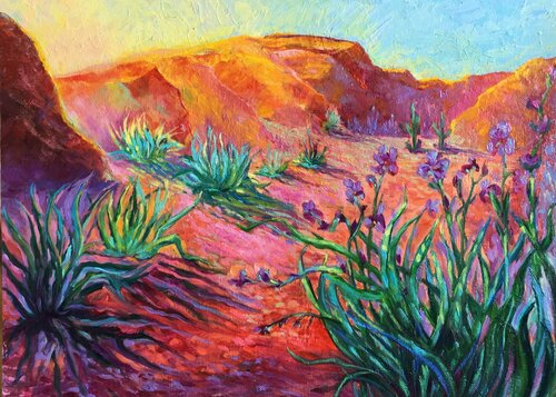Spring in the Desert with Irises van Olga Begisheva K., Schilderij te koop op Singulart