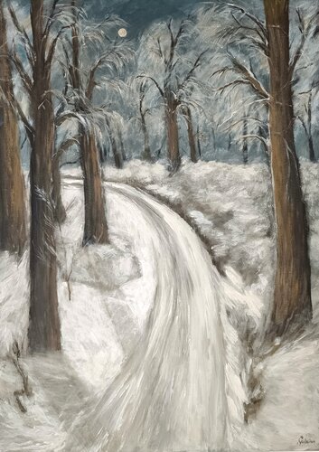 Am Abend schien der Mond über den verschneiten Weg und tauchte ihn in stilles Licht. by Gulschan Rokzad, Painting for Sale on Singulart
