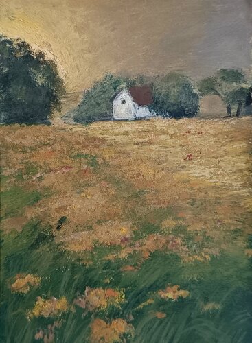 Ein Haus an der Wiese, getragen vom Licht by Gulschan Rokzad, Painting for Sale on Singulart