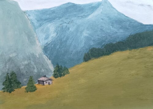 Richtung Berge laufen wir, am Berg ist ein Haus voller Hoffnung by Gulschan Rokzad, Painting for Sale on Singulart
