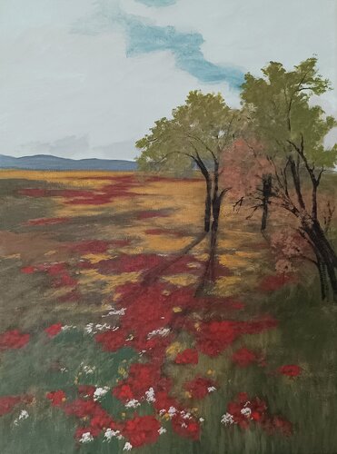 Der Garten und die  Mohnblumen van Gulschan Rokzad, Schilderij te koop op Singulart