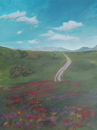 Der Weg durch die Wiese richtung Berge di Gulschan Rokzad, Pittura in vendita su Singulart
