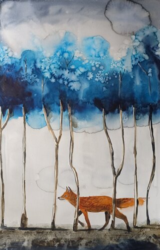 Fox In The Blue Forest par Smirnova Evgenia, Peinture en vente sur Singulart