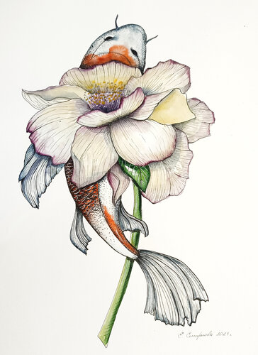 Peonia e Carpa Koi di Smirnova Evgenia, Pittura in vendita su Singulart