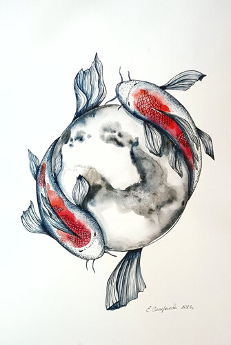 Luna e Carpe Koi by Smirnova Evgenia, Painting for Sale on Singulart
