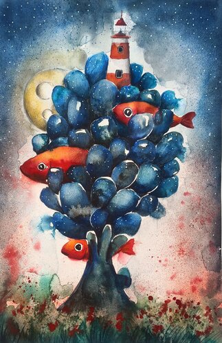 Un albero dove i pesci prendono il volo par Smirnova Evgenia, Peinture en vente sur Singulart