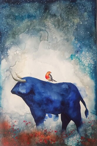 Blue Bull & Red Bird van Smirnova Evgenia, Schilderij te koop op Singulart