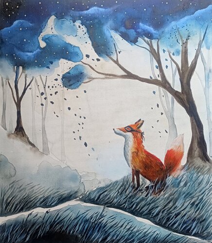 Fox In The Blue Forest par Smirnova Evgenia, Peinture en vente sur Singulart