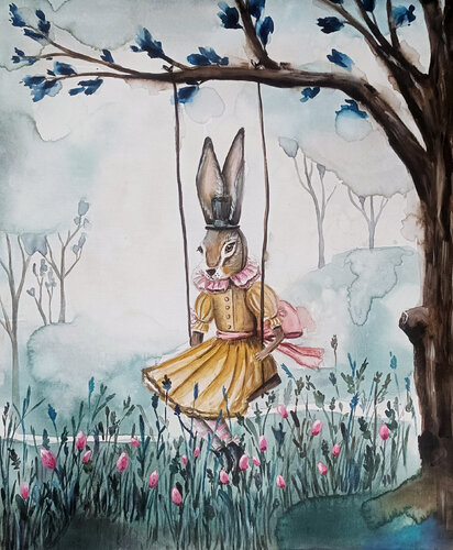 Rabbit On The Swing di Smirnova Evgenia, Pittura in vendita su Singulart
