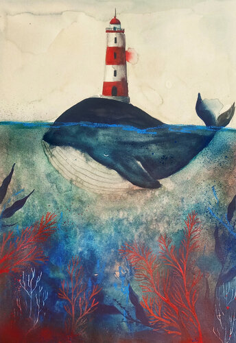 Whale & Lighthouse par Smirnova Evgenia, Peinture en vente sur Singulart