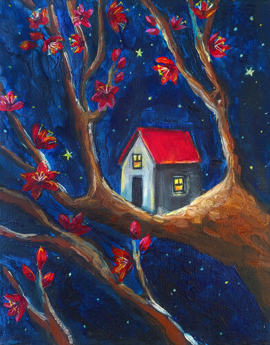 Between Petals and Stars par Smirnova Evgenia, Peinture en vente sur Singulart