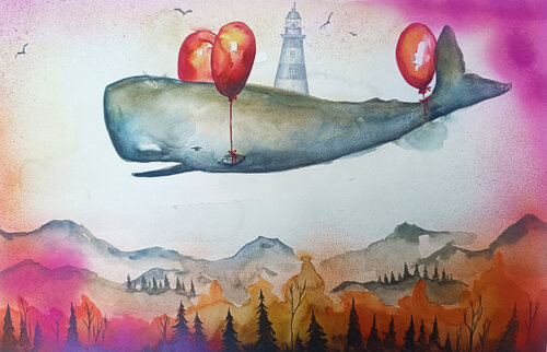 The Whale Who Wanted to Fly van Smirnova Evgenia, Schilderij te koop op Singulart