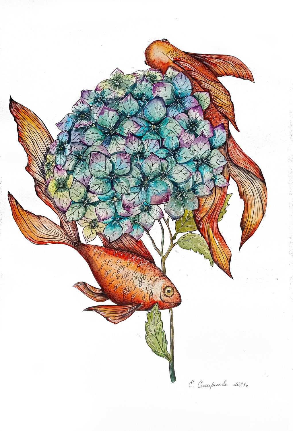 Ortensia e Peschiolini rossi Smirnova Evgenia