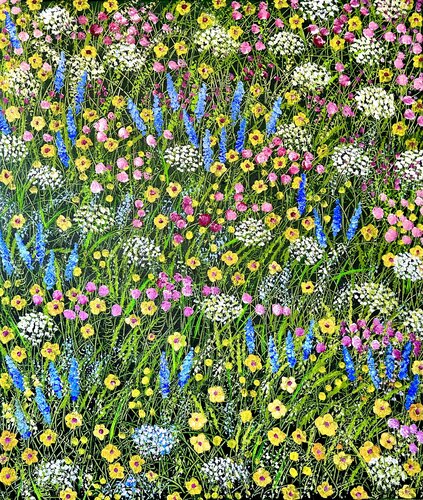 Bunte Wiese in Rosa und Blau di Silvia Mende, Pittura in vendita su Singulart