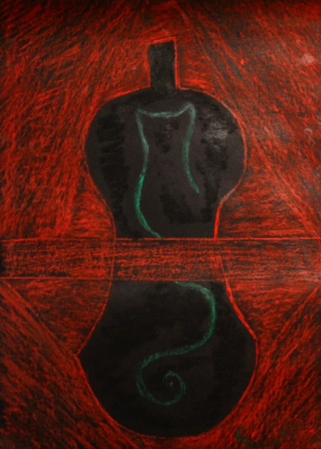 Il gatto verde a suon di rosso Romina Petrini Originalgemälde zu verkaufen