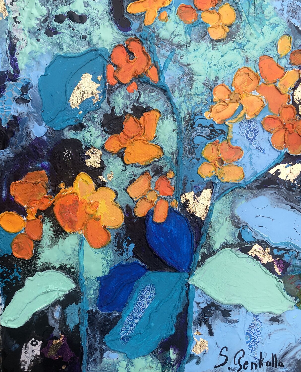 Fleurs jaunes sur fond bleu sylvie Penkalla Originalgemälde zu verkaufen