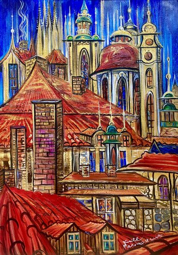 The Rooftop Symphony Of Prague by Kirill Postovit, Painting for Sale on Singulart