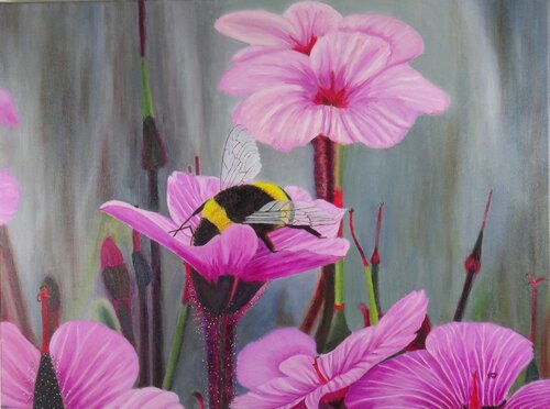 Humbelbee in Madeiran geranium van Ron Westerweel, Schilderij te koop op Singulart