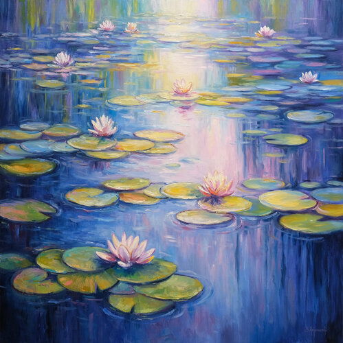 Morning on the Pond with Water Lilies par Behshad Arjomandi, Peinture en vente sur Singulart