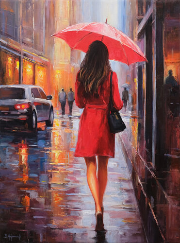 Red Umbrella in the Rain by Behshad Arjomandi, Painting for Sale on Singulart