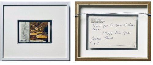 Art Card: Christo and Jeanne-Claude - The Umbrellas Japan - USA Project (Hand signed recto and inscribed verso), 1986 de Christo and Jeanne-Claude, Impresión a la venta en Singulart