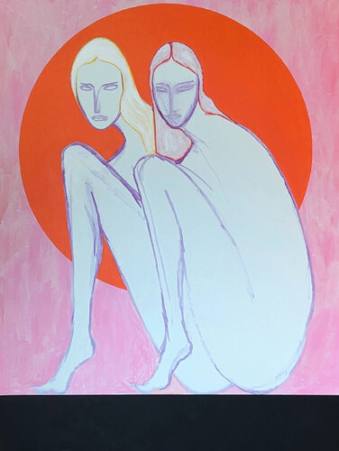 "Sun" Contemporary Colorful Pink and Orange Nude Female Figures Painting von Emanoel Araujo, Malerei kaufen auf Singulart