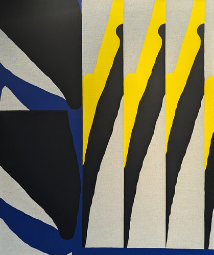 "Aviero" Contemporary Blue, Yellow & Black Geometric Hard-Edge Abstract Painting van Emanoel Araujo, Schilderij te koop op Singulart