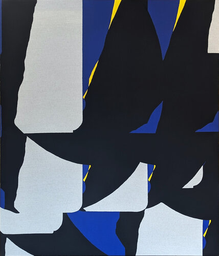 "Bourges" Contemporary Blue, Yellow & Black Geometric Abstract Painting von Emanoel Araujo, Malerei kaufen auf Singulart