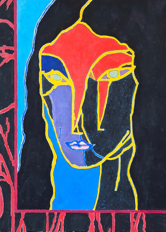 "Anion-Head" Contemporary Colorful Red, Blue, & Yellow Female Portrait Painting Emanoel Araujo